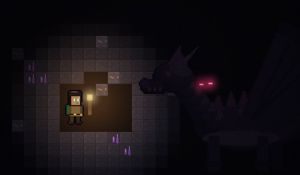 A delver with a torch in a dark cave, glowing eyes of something huge in the darkness