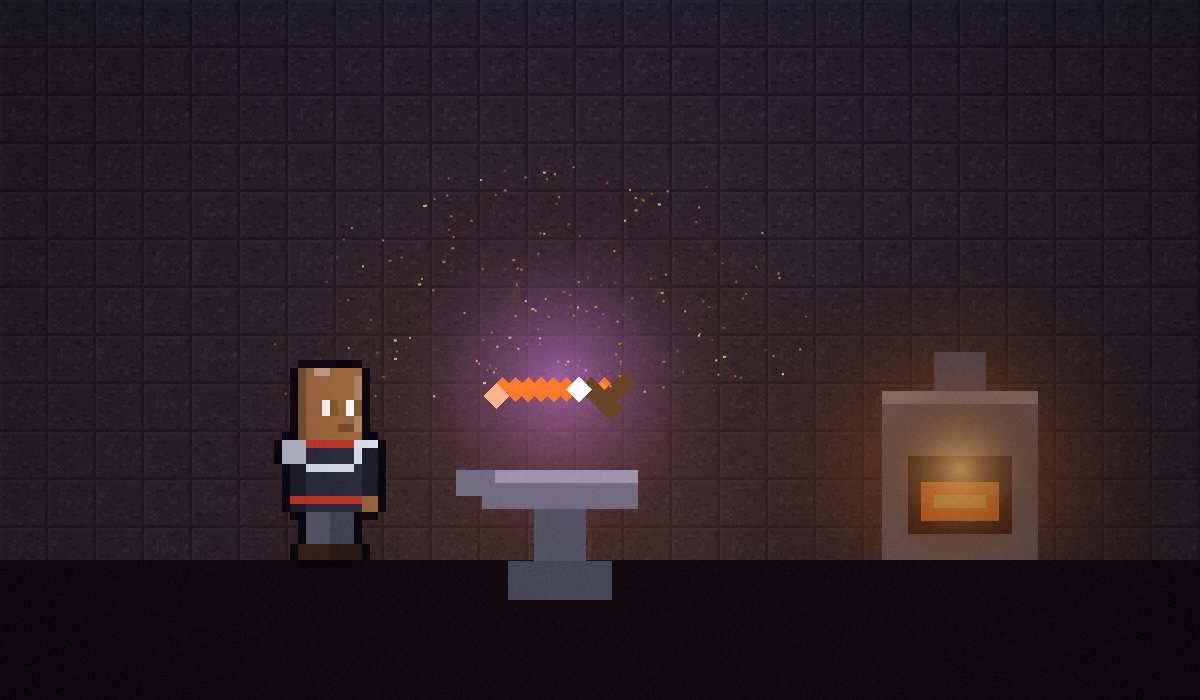 A smith at an anvil, a blade glowing with a violet rune, a furnace burning behind