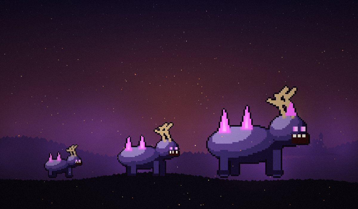 Three stages of the same monster lineage, each larger than the last, walking a ridge at dusk