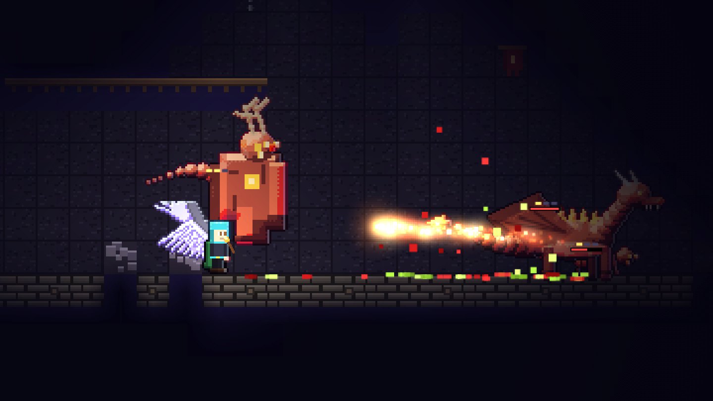 A delver holds a torch while a dragon breathes fire across a dungeon room and a horned brute closes in